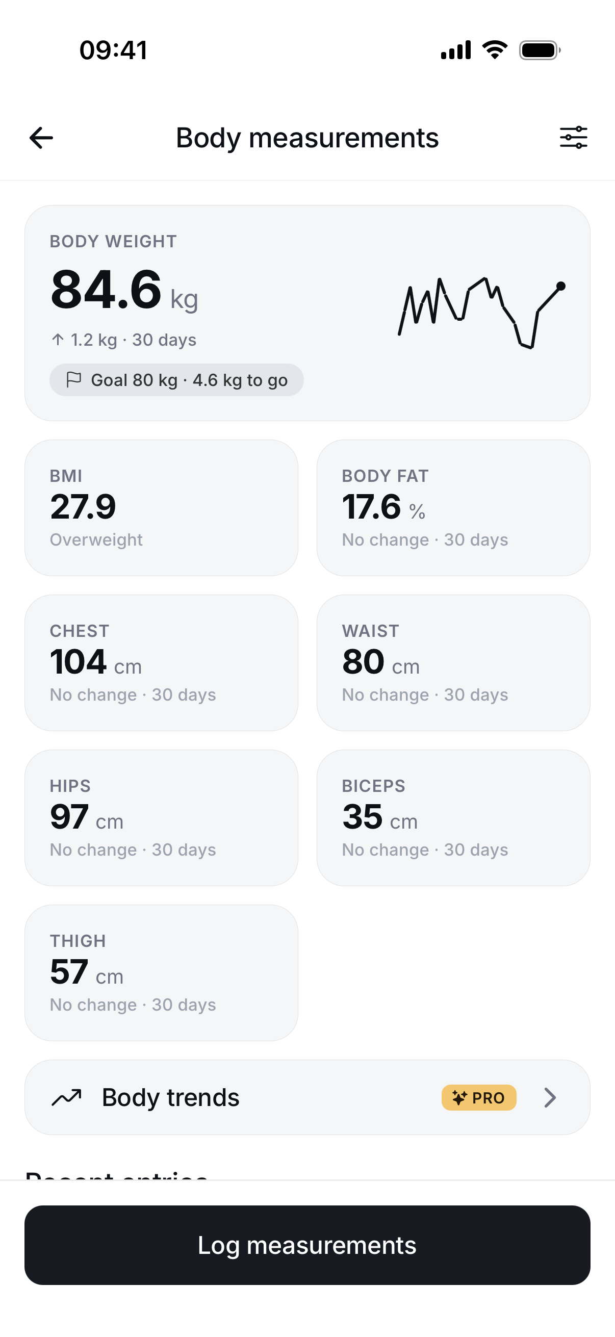 Braced body measurements screen with weight, body fat, and tape measurements