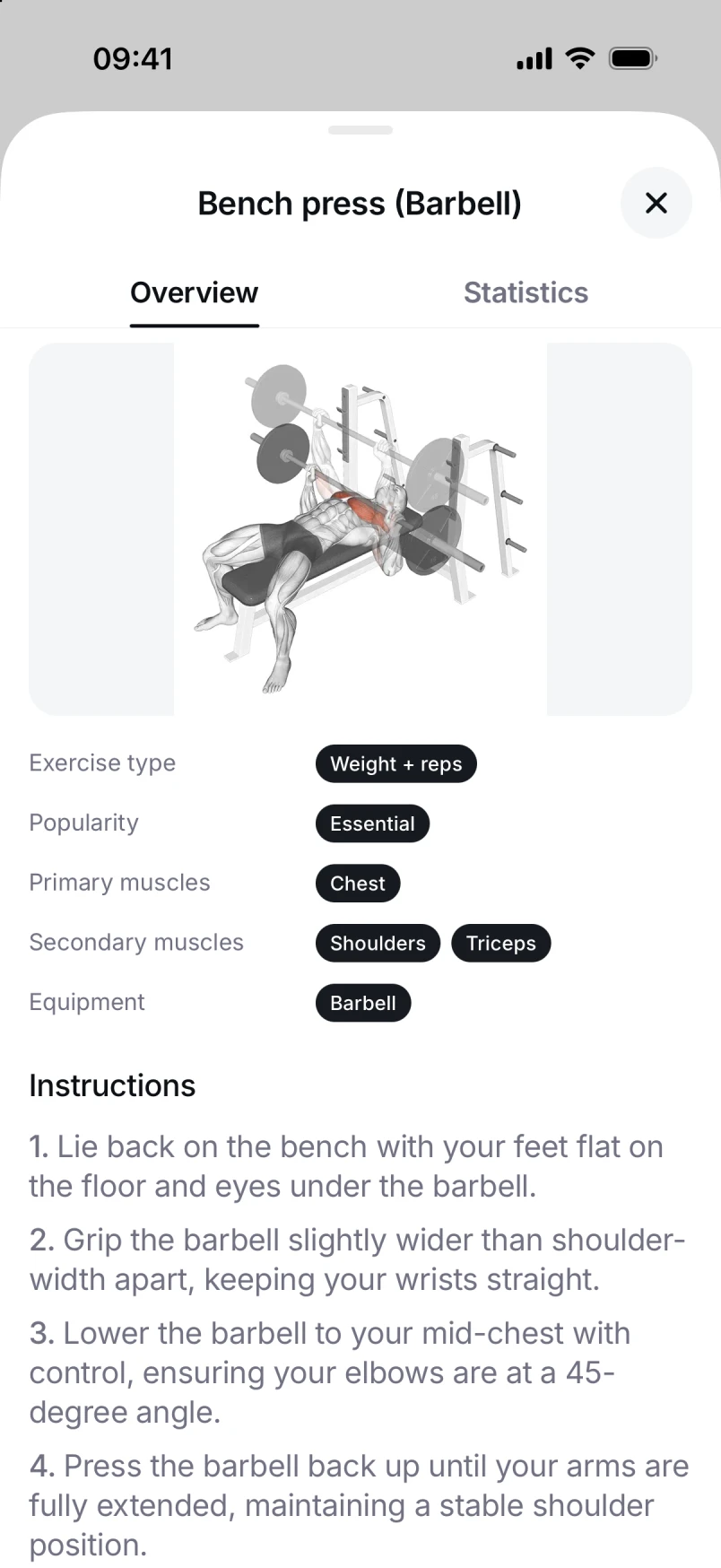 Braced exercise detail with instructions, muscles, and equipment
