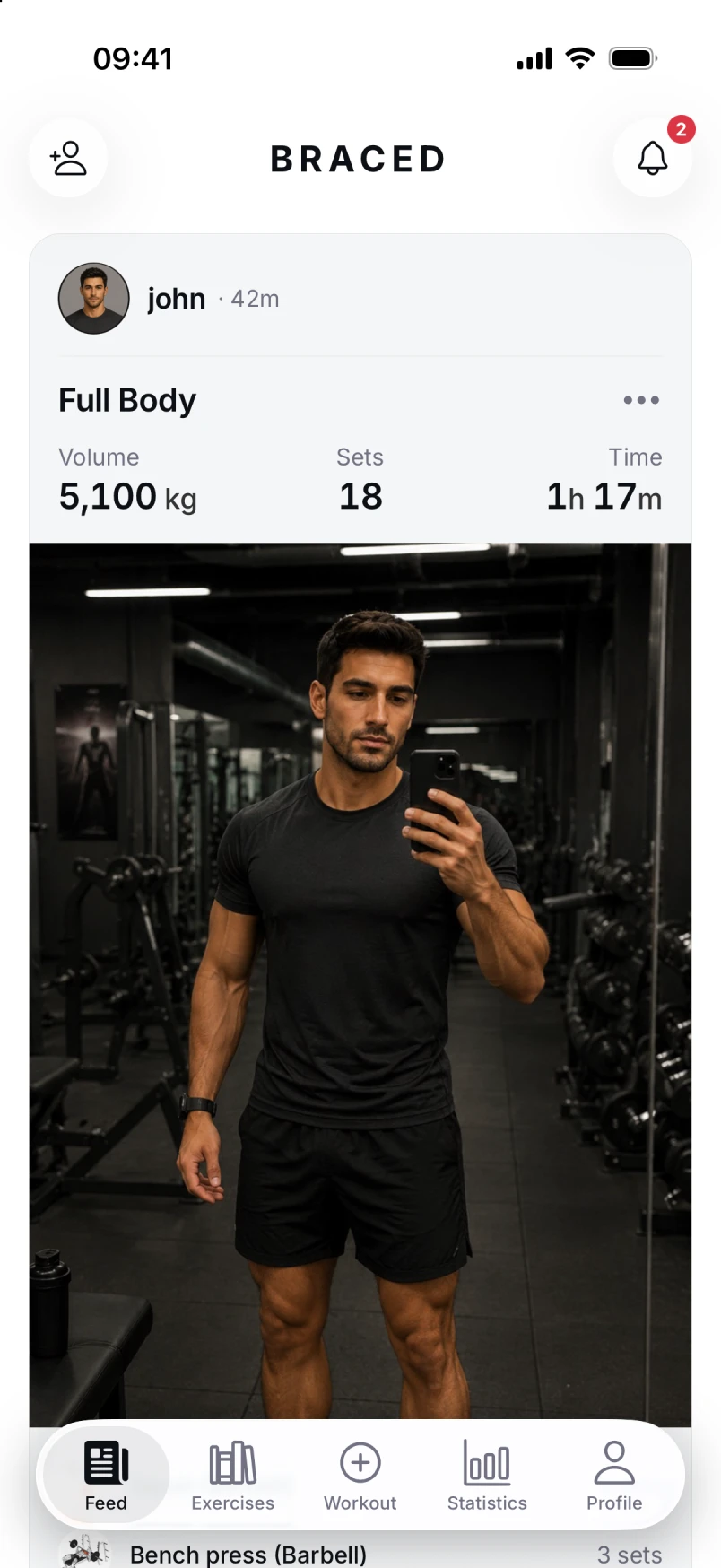 Braced social feed of friends' workouts