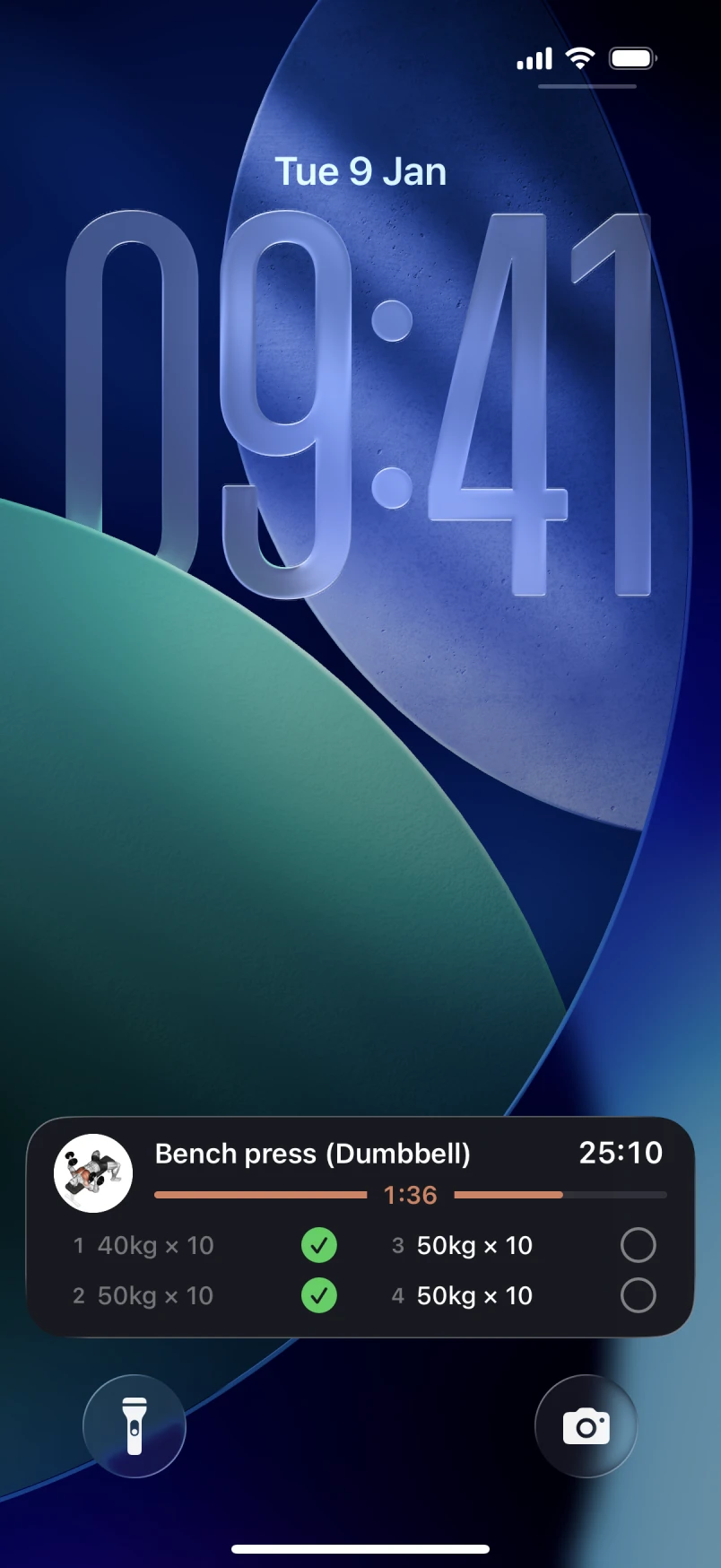 Braced workout on the iPhone lock screen with rest timer and sets to tick off