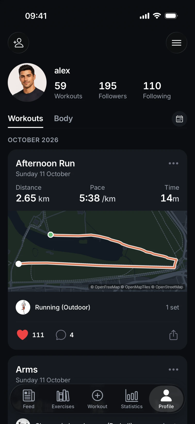 Braced profile in dark mode, with a run and its route