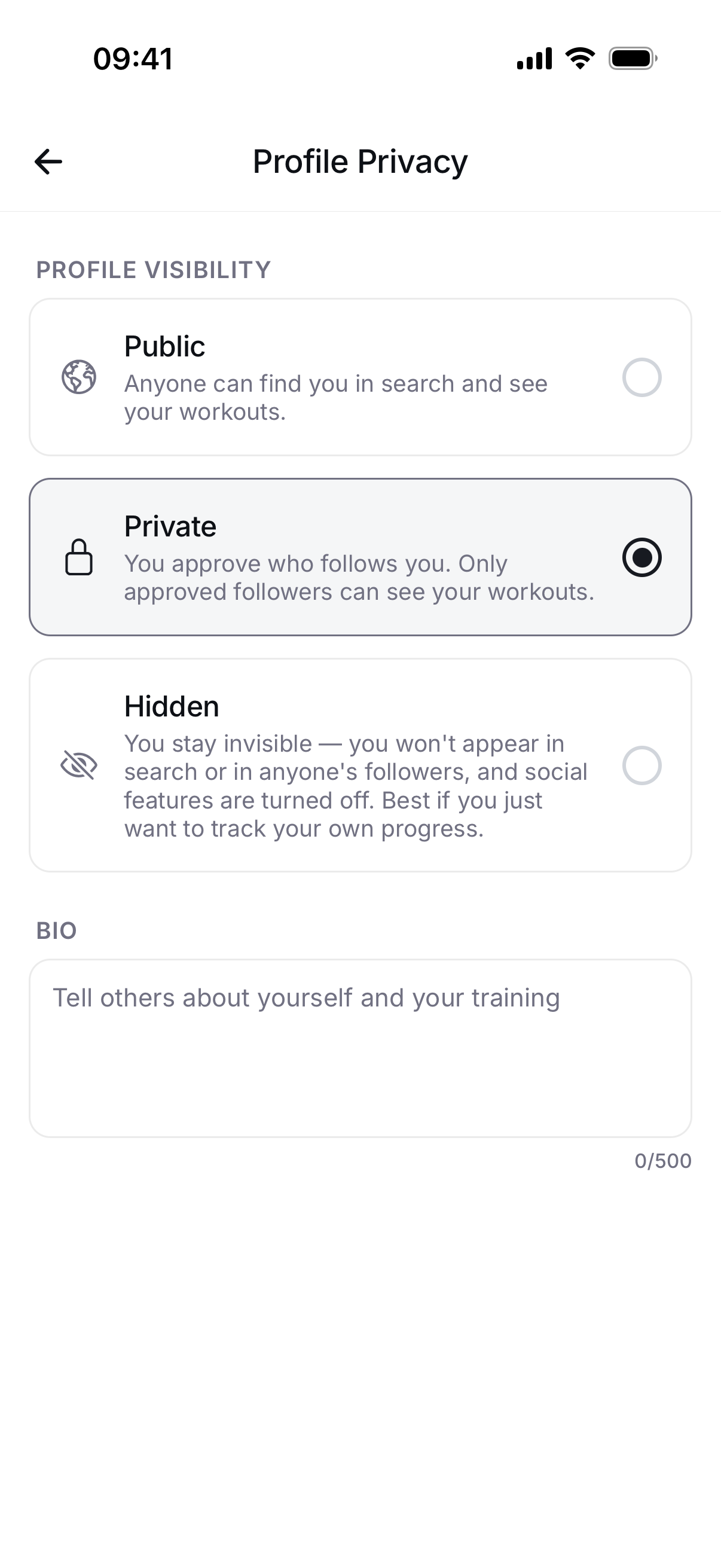 Braced profile visibility and privacy settings screen