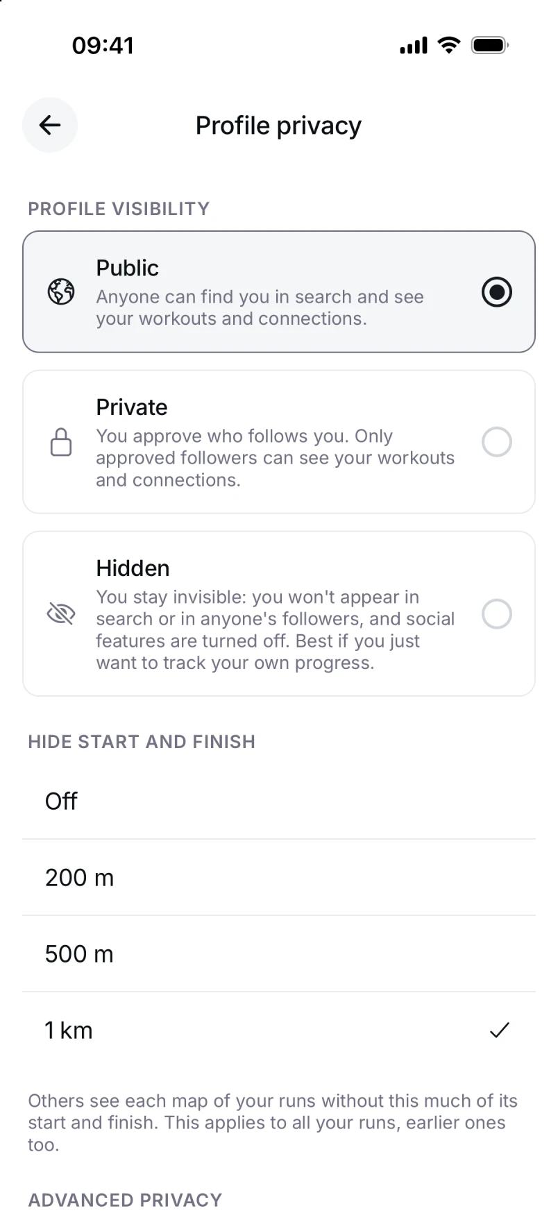 Braced profile privacy settings: who sees your workouts, and how much of each run's start and finish to hide