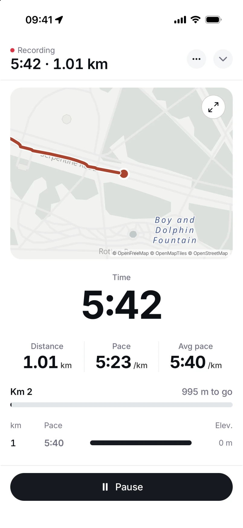 Braced recording a run with a live map, time, distance, and pace