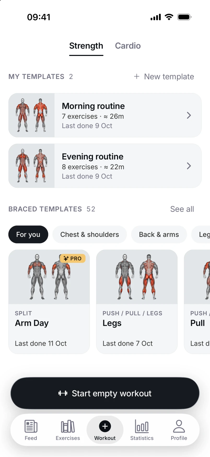 Braced workout tab with Strength and Cardio pages and workout templates